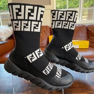 Fendi Tronchetto Filato 3 Righine Men's FF Print Sock Boot Sneakers 41, US sz 8